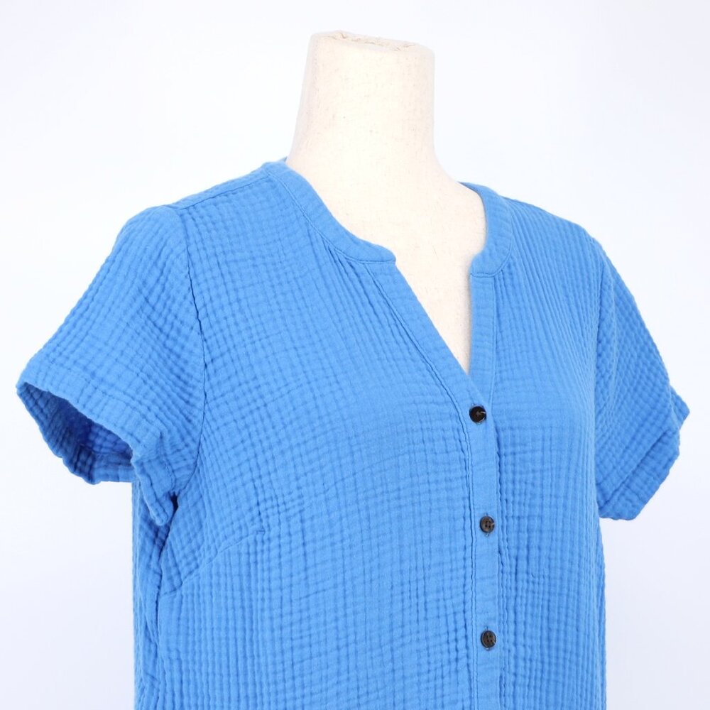 NWT J.JILL Cotton-Gauze Tiered Dress Front Button Short Sleeve in Cyan Blue MP - Picture 5 of 9